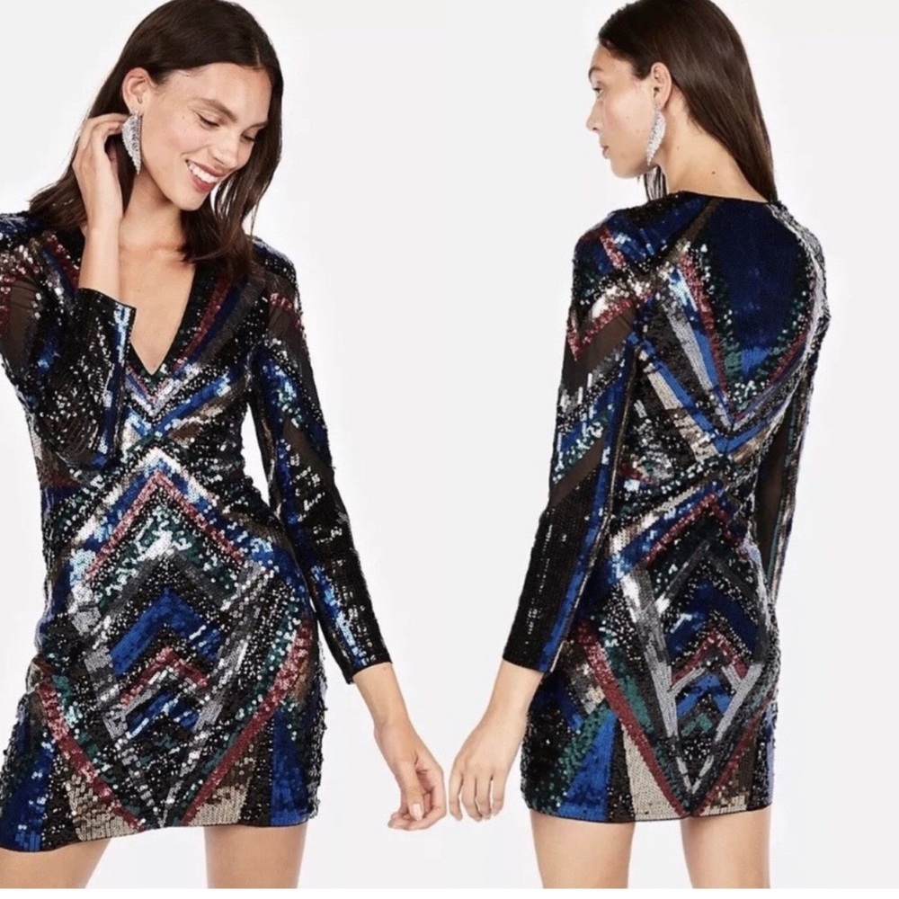Express Sequin Rainbow Multi Color Sequin Dress S… - image 1